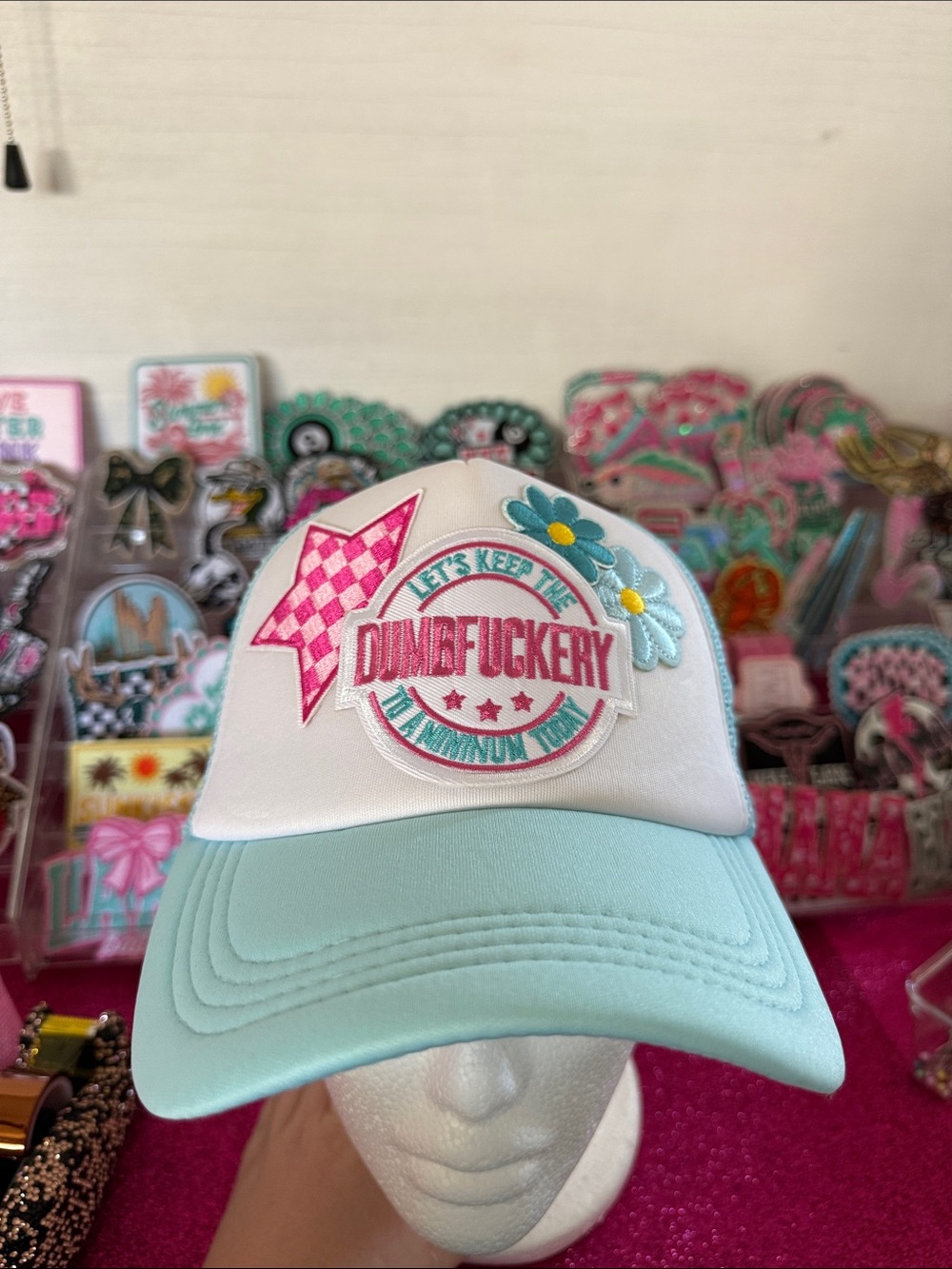 OTTO White and Light Blue Trucker Hat with Pink and Teal Patch